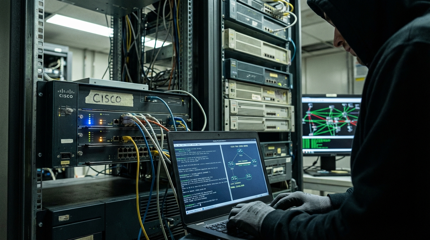 Macro shot of router circuit board with holographic skeletal hand indicating intrusion