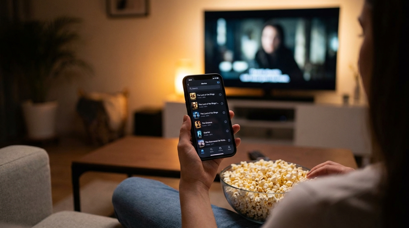 Close up of a smartphone using the new Fire TV app with a family background