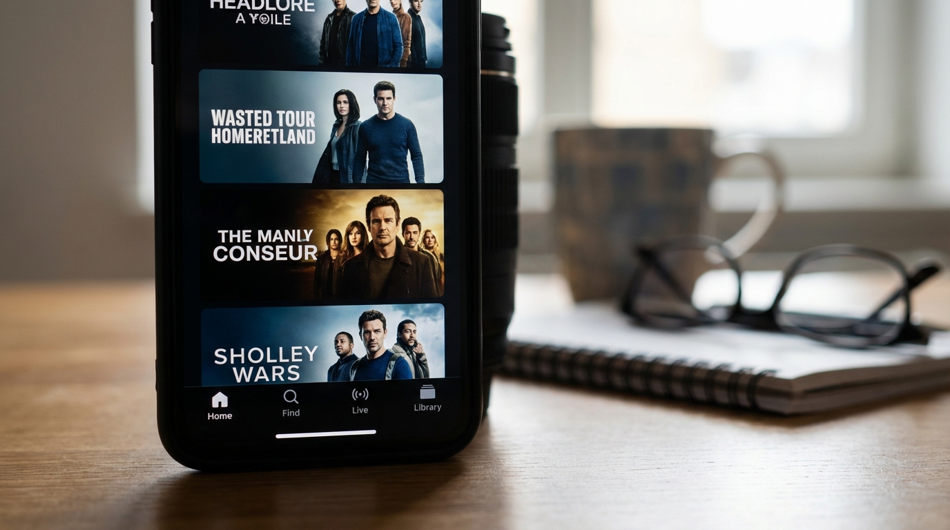 The new Fire TV app interface displayed on a smartphone on a coffee table