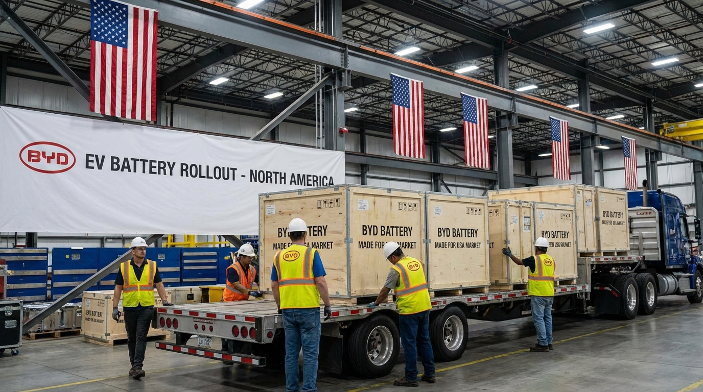 Futuristic BYD electric vehicle battery pack displayed in a high-tech American laboratory setting