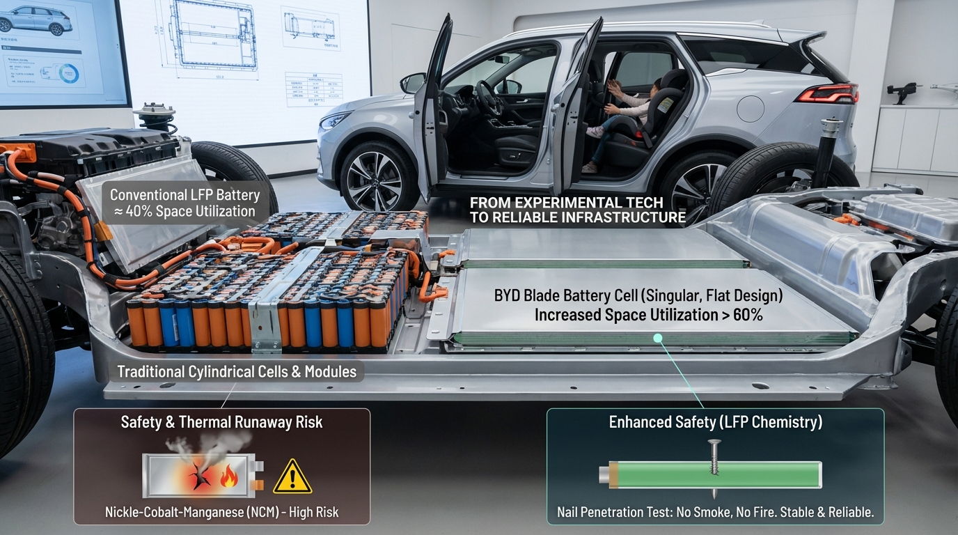 Close-up cross-section comparison of BYD Blade Battery versus traditional cylindrical battery cells