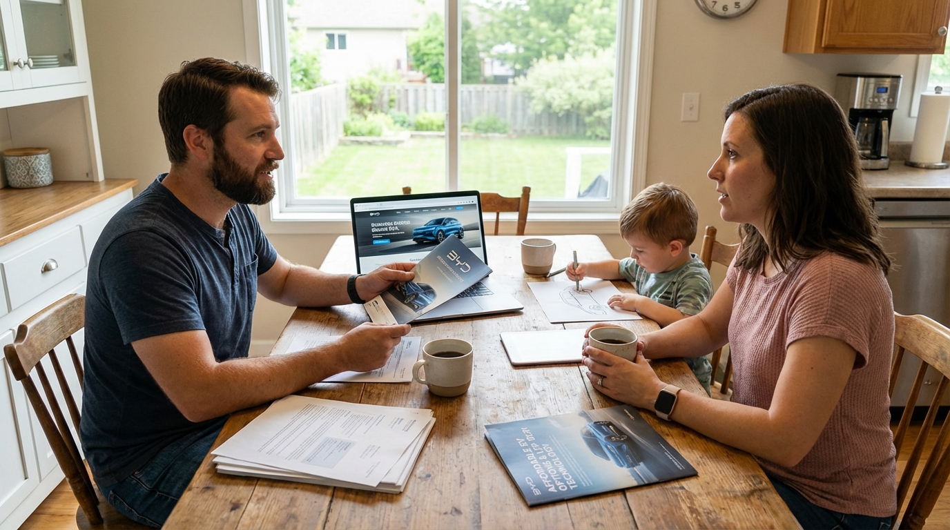 Family packing a modern electric SUV in a driveway, highlighting EV adoption for daily use