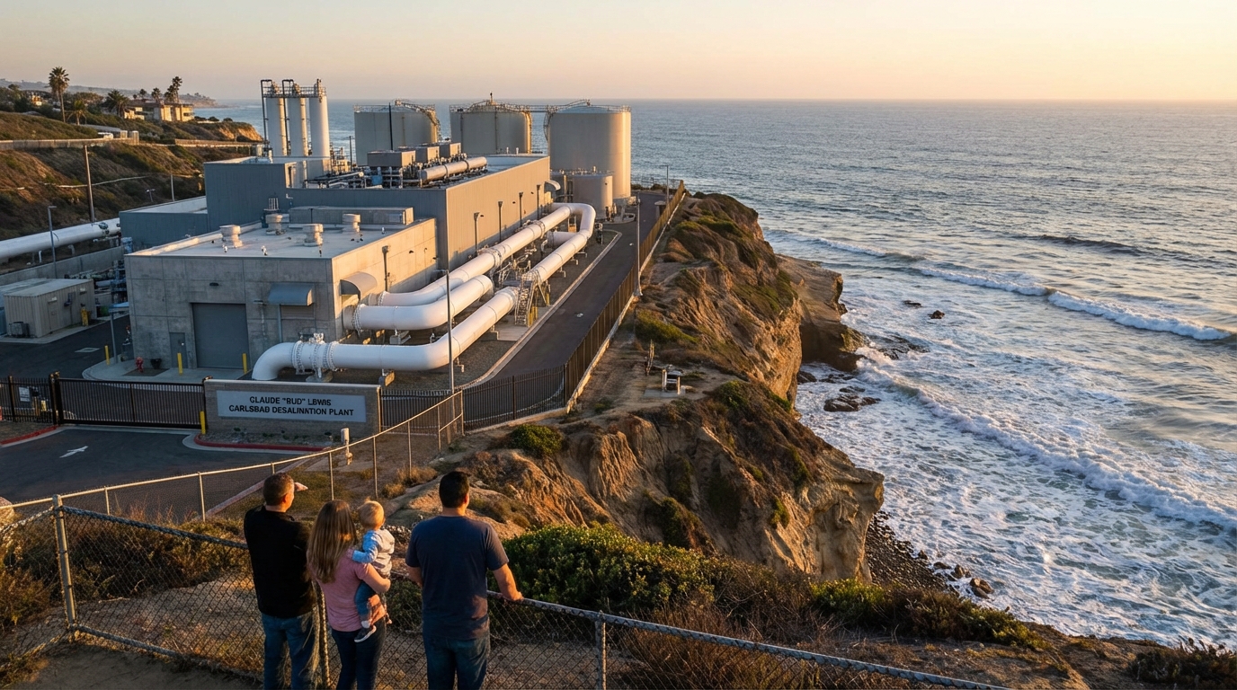 Aerial view of a California desalination plant on the coast during sunset