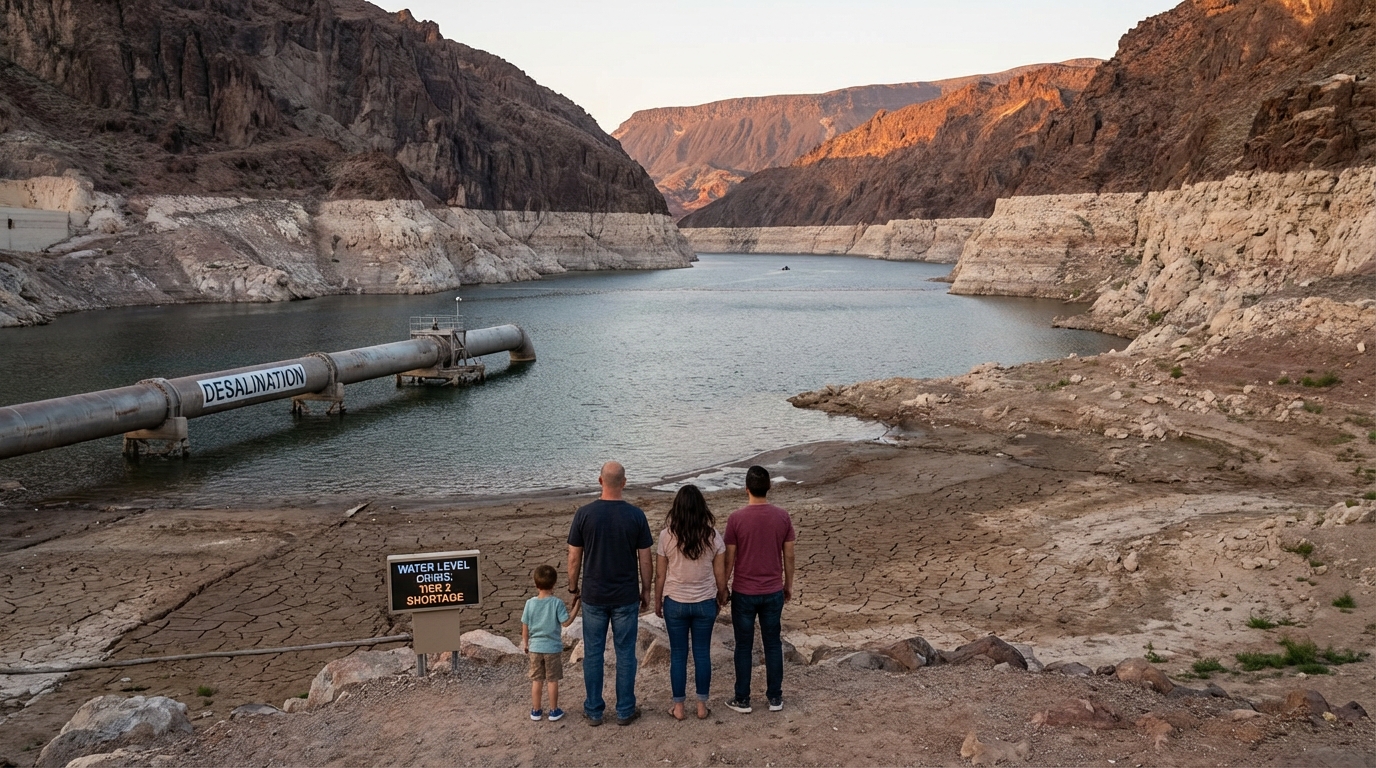 Lake Mead drought water levels showing bathtub rings on canyon walls