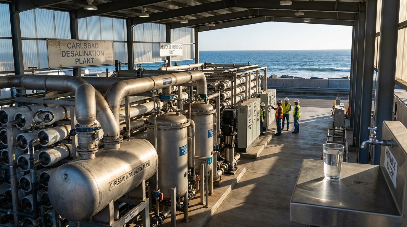 Interior of a desalination plant showing reverse osmosis pressure vessels