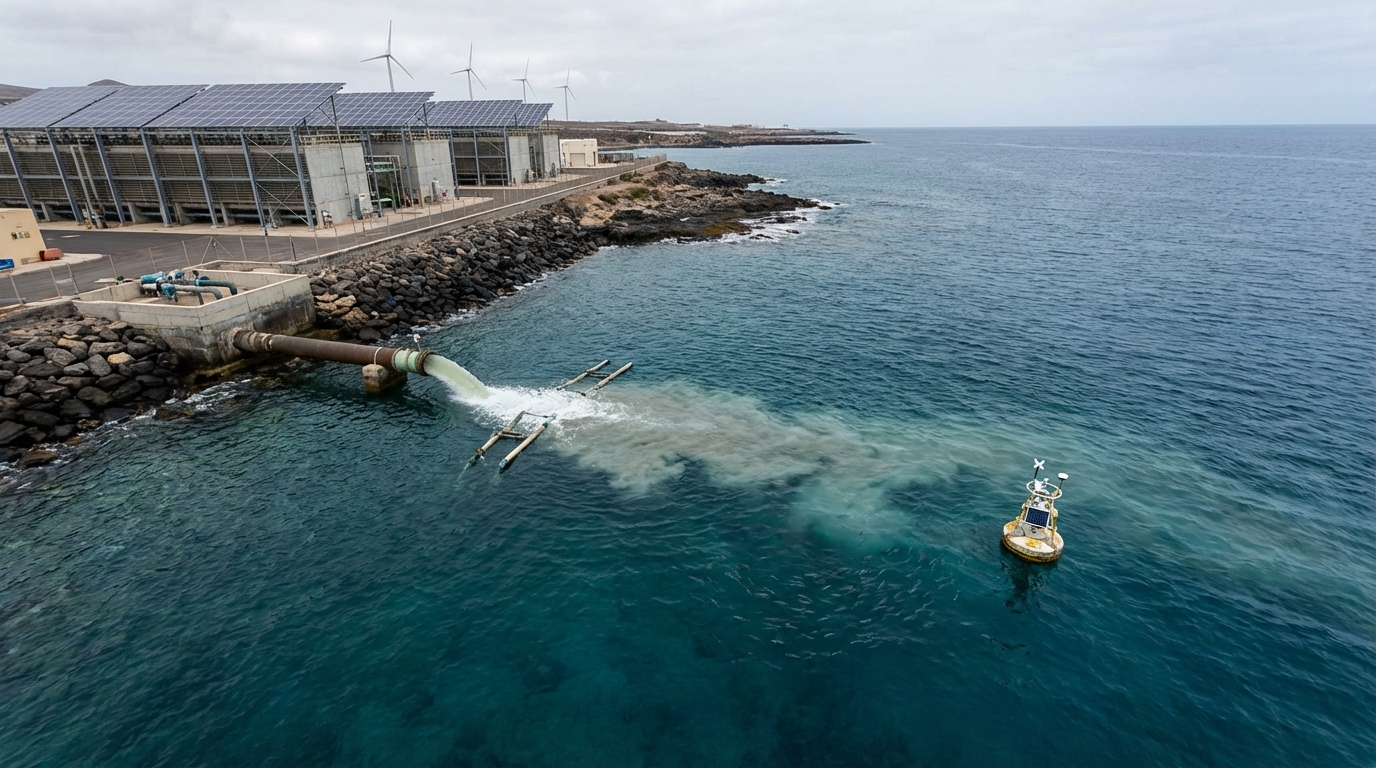 Underwater view of marine life swimming near desalination infrastructure
