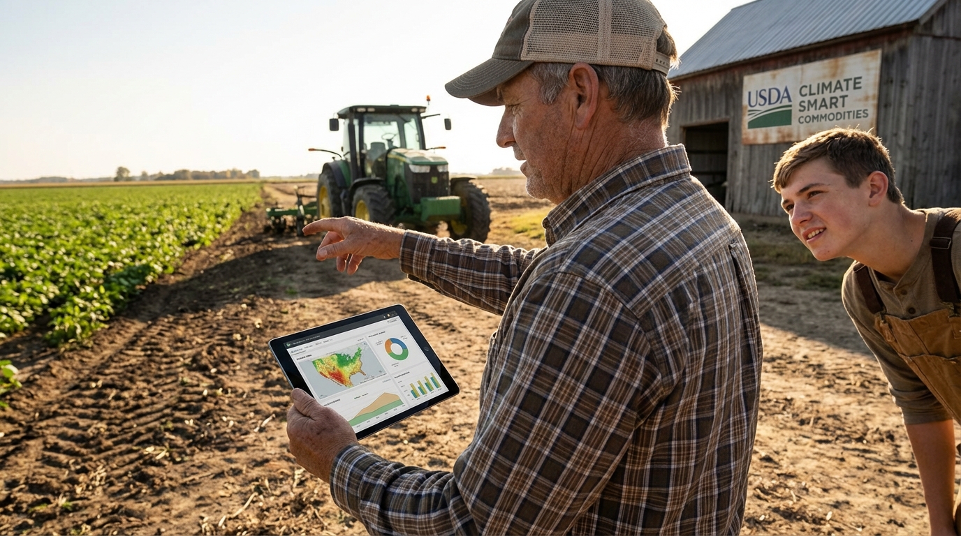 Farmer standing in a cornfield at sunset using a tablet to analyze USDA climate data and weather patterns