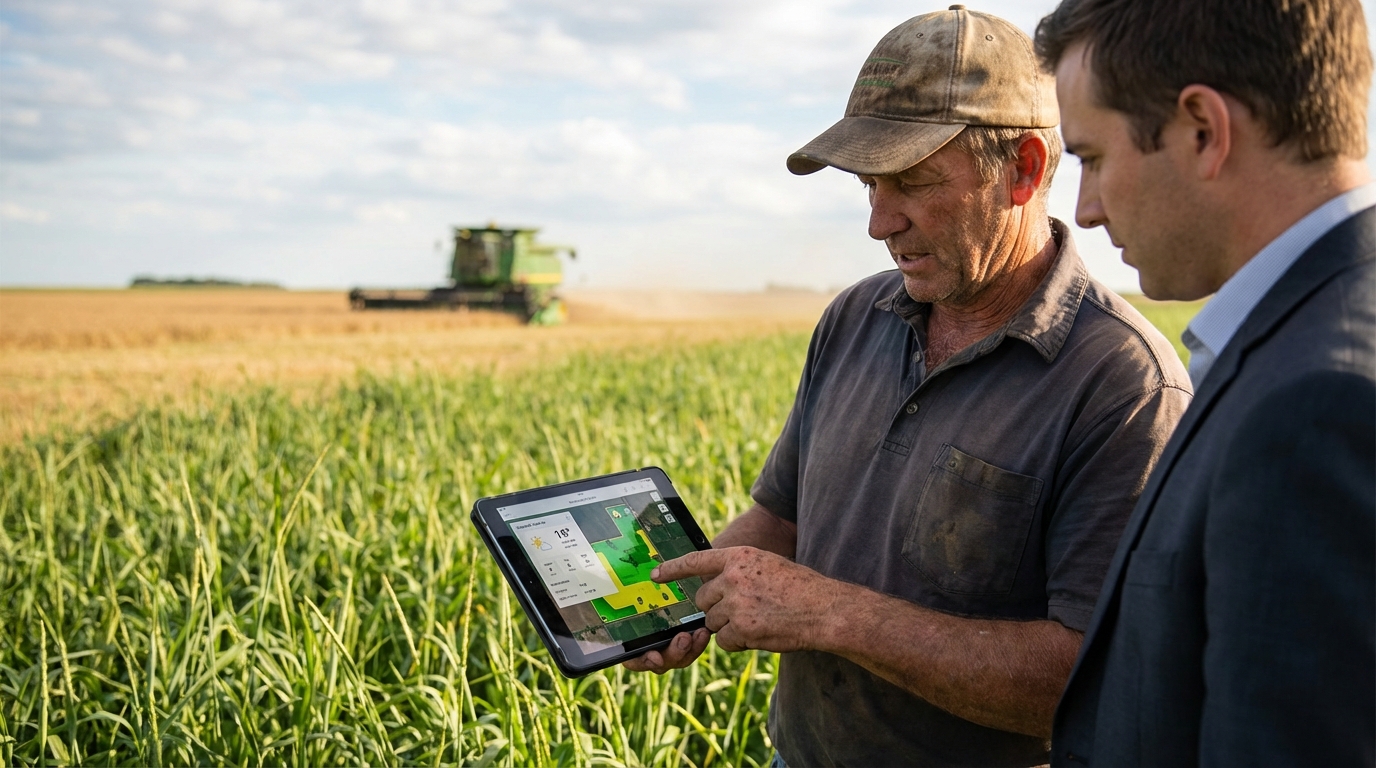 Close-up of a farmer shaking hands with an agricultural lender over a table covered in data charts and soil samples