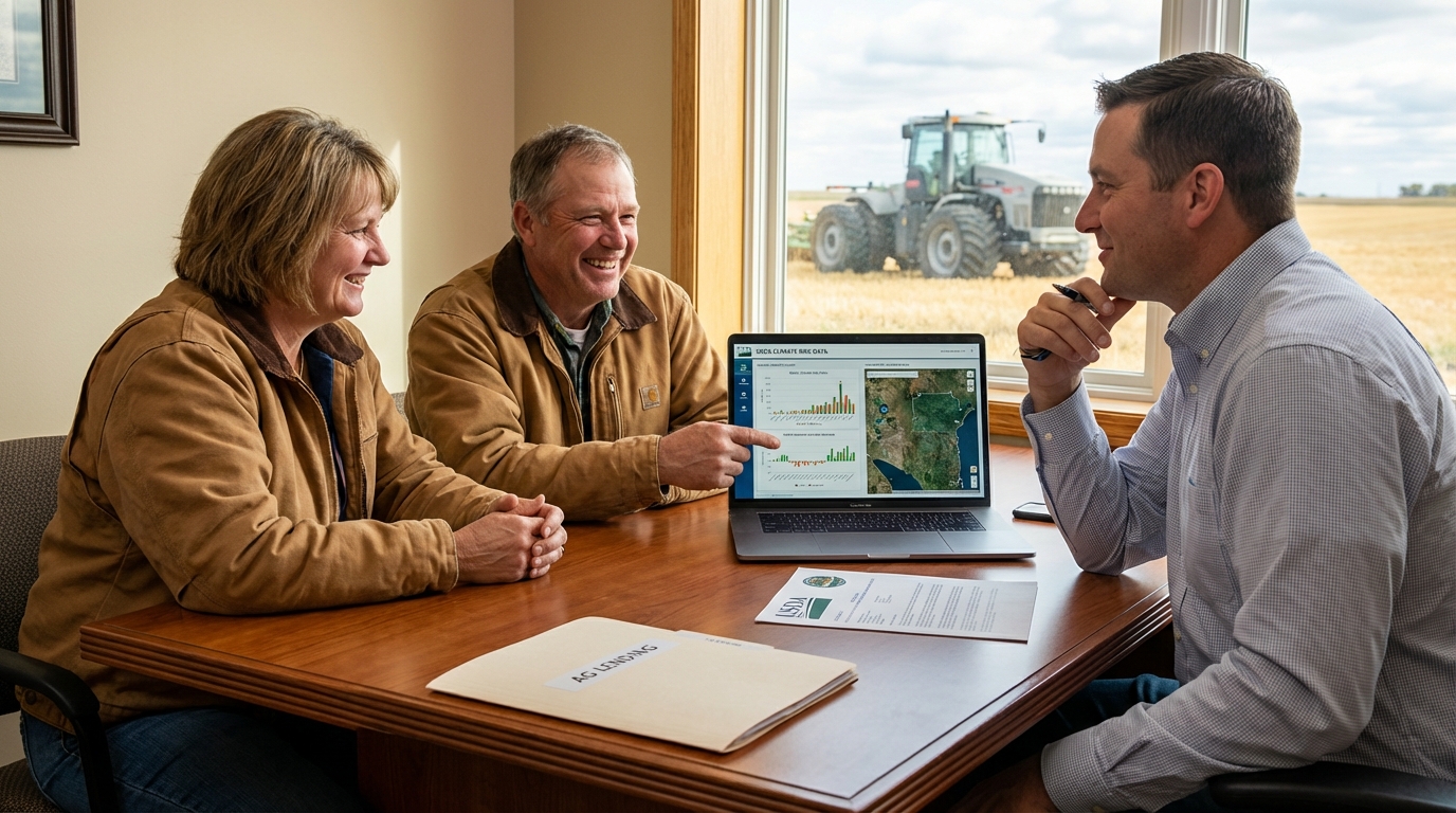 Three generations of a farming family celebrating a loan approval on a laptop in their farmhouse kitchen