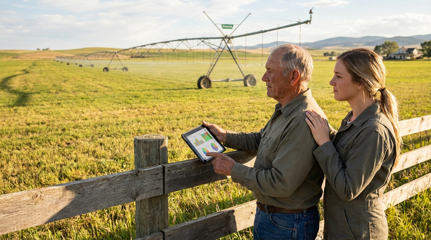 Aerial view of farmland with digital data overlays representing climate risk analysis and precision agriculture