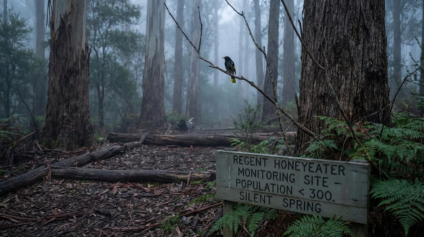 A solitary Regent Honeyeater perched in a vast, misty Australian woodland