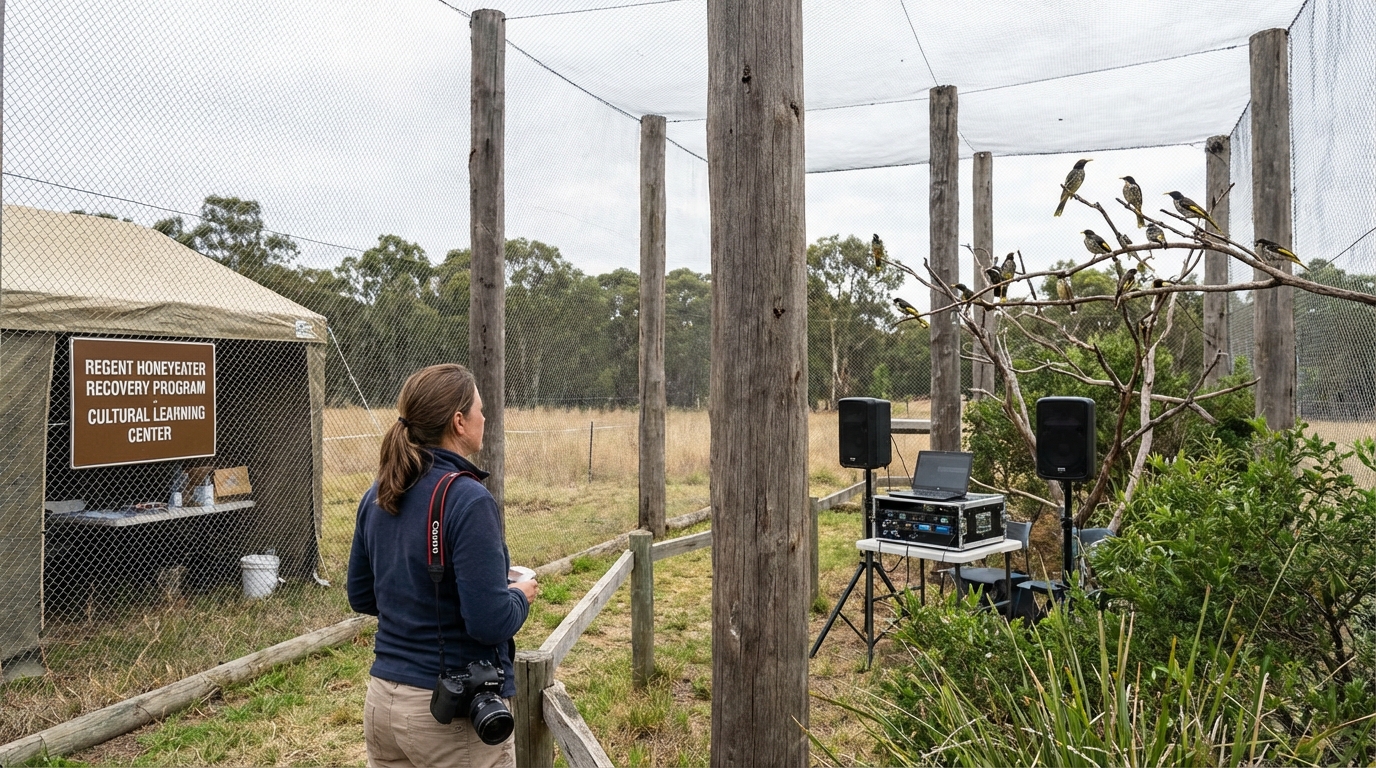 A young Regent Honeyeater listening to an older mentor bird in a conservation aviary