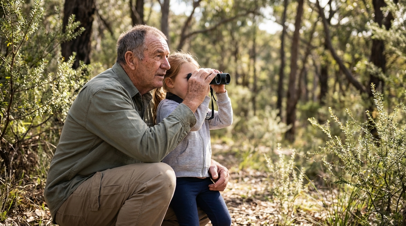 Split image comparing human parenting with a Regent Honeyeater teaching its young