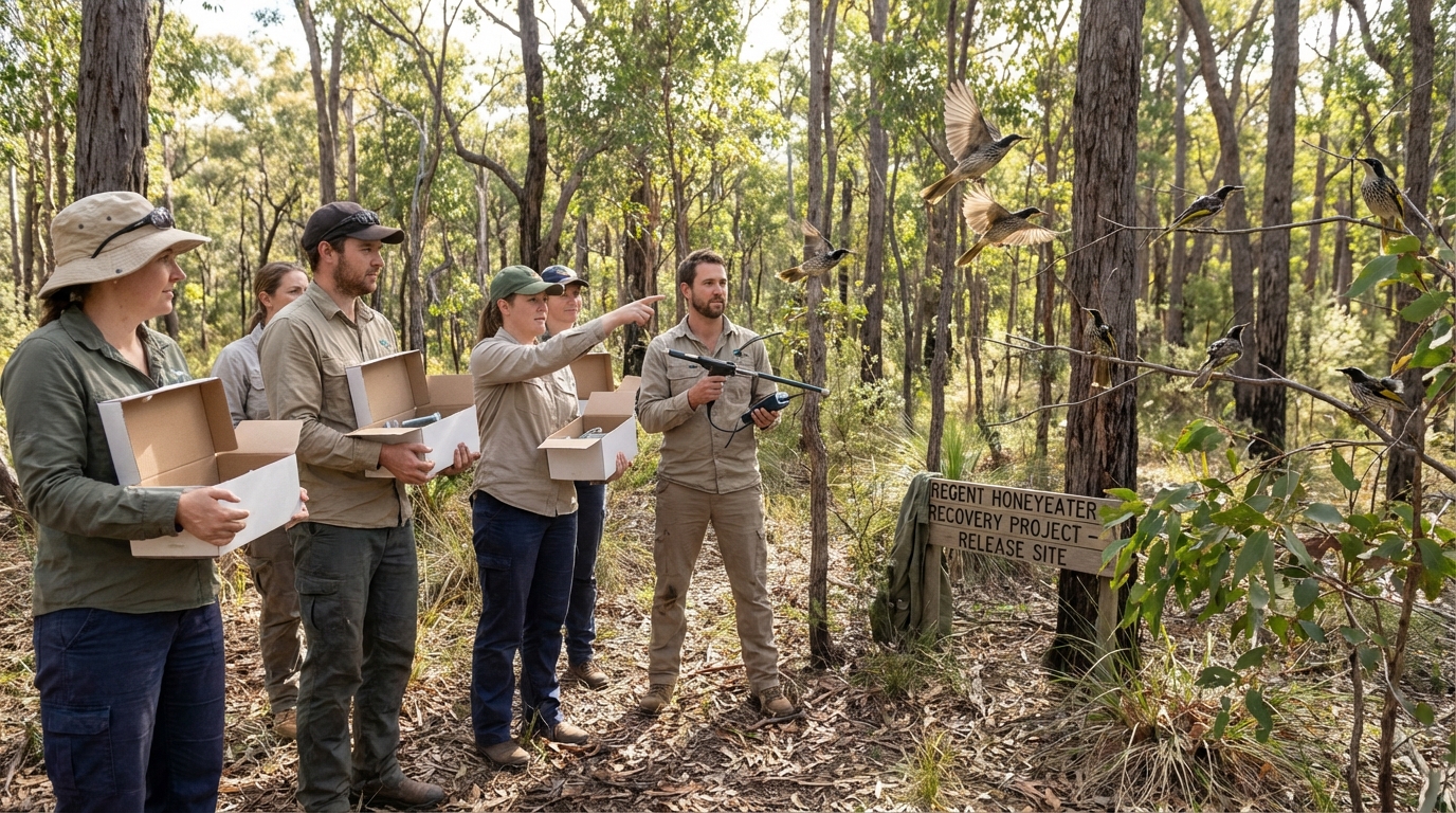 A Regent Honeyeater being released back into the wild, taking flight into the forest