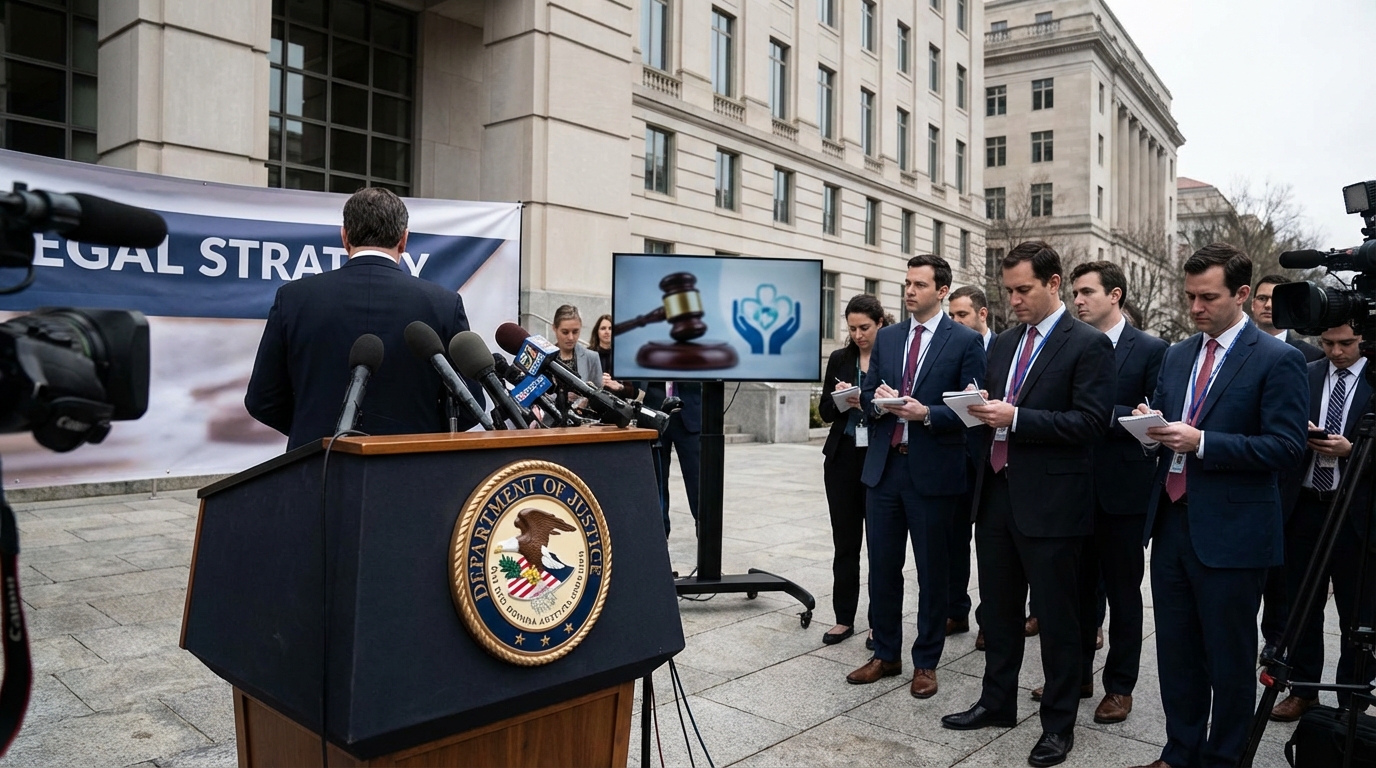 The Department of Justice building at twilight with a gavel and medical files in the foreground.
