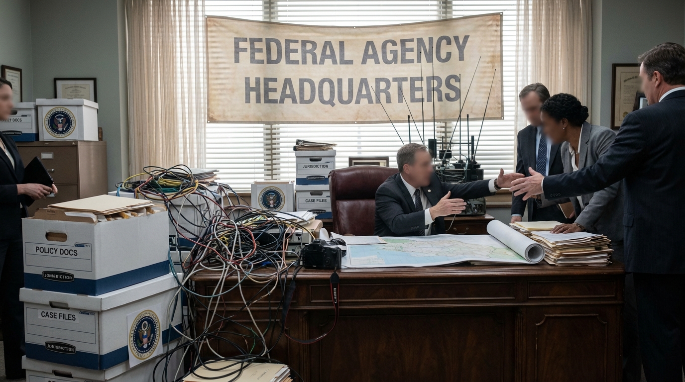 Scales of justice balancing a law book against a stethoscope and white coat.