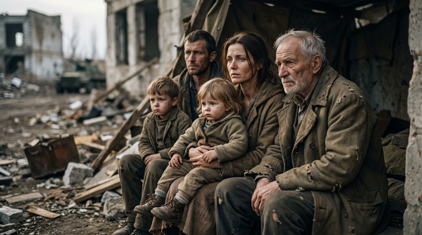 Worried parents reviewing documents at a kitchen table while their child looks out the window.
