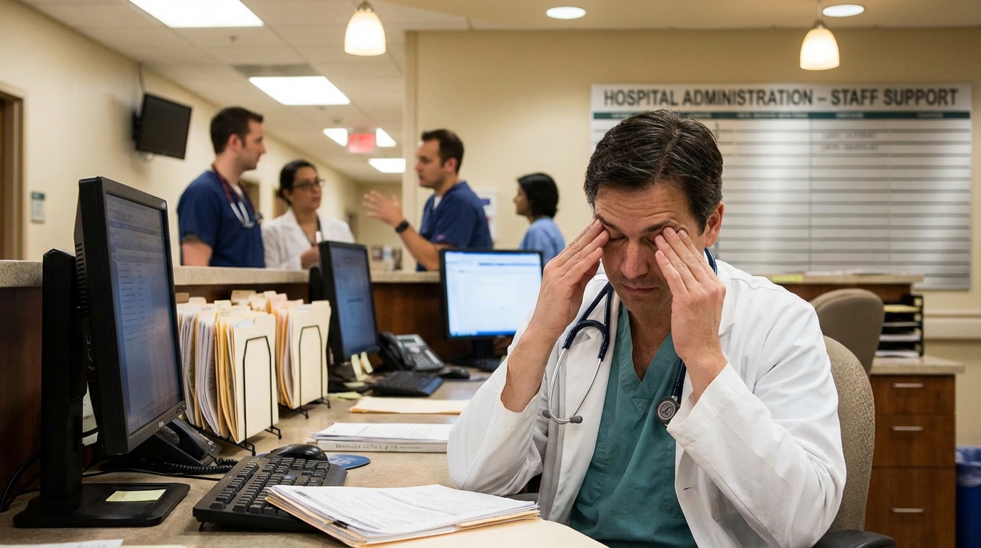A stressed doctor looking at a medical tablet in a dim office.