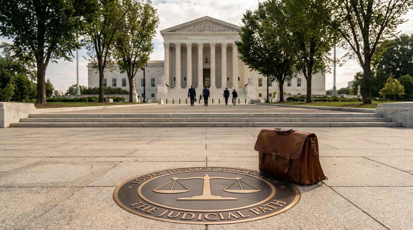The steps of the Supreme Court under a stormy sky.