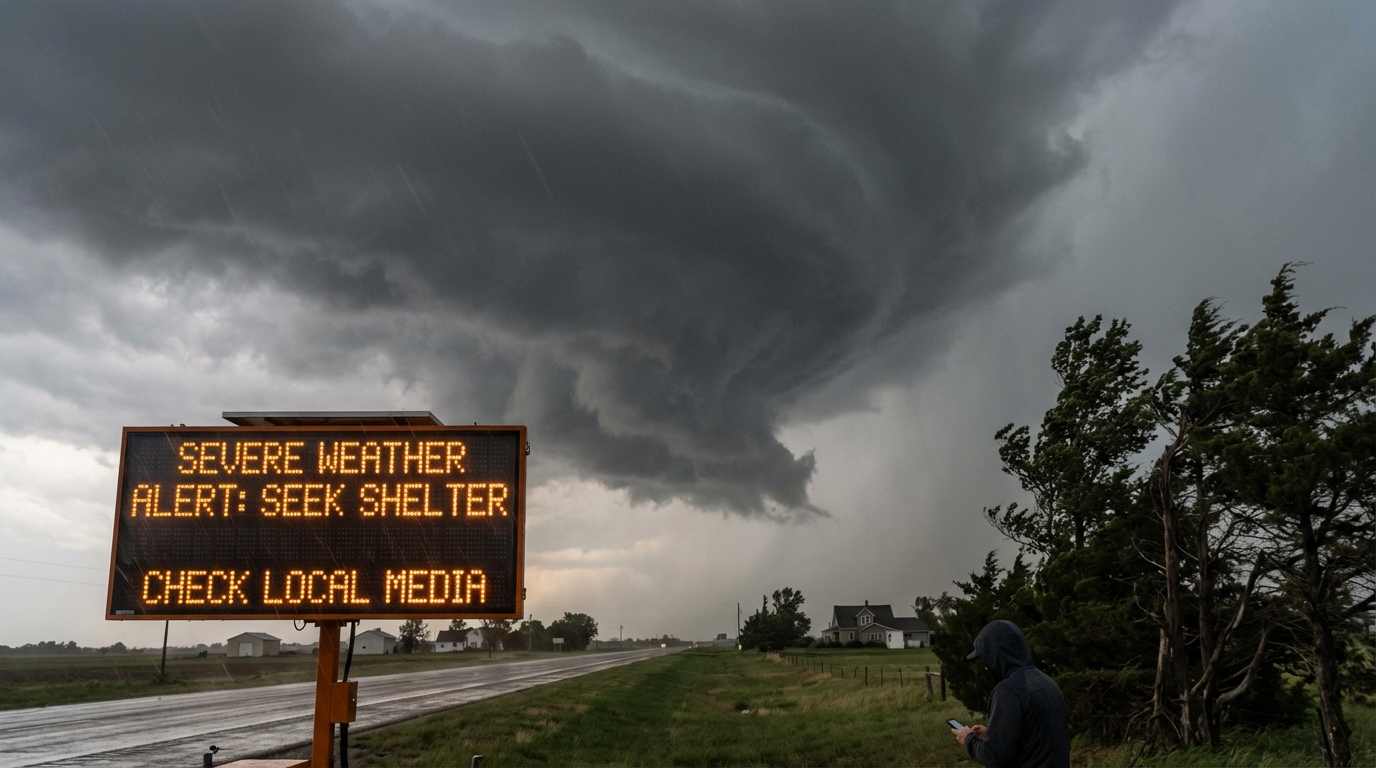 Massive supercell thunderstorm clouds forming over a city skyline at dusk