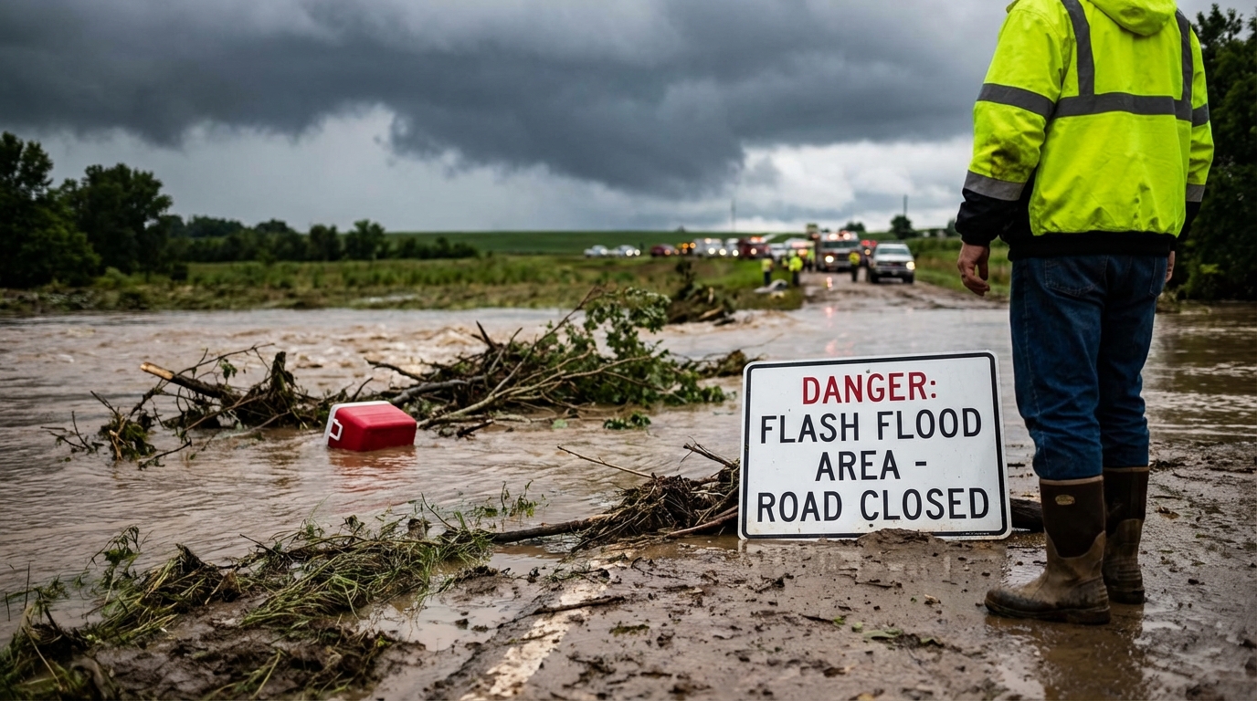 Golf-ball sized hailstones on the ground next to a car tire
