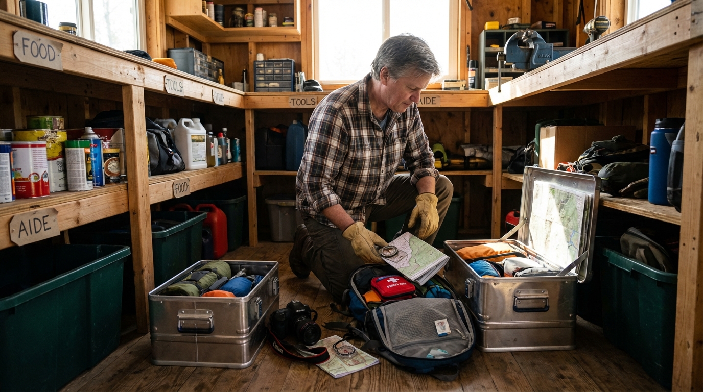 Emergency preparedness kit with flashlight, first aid, and water