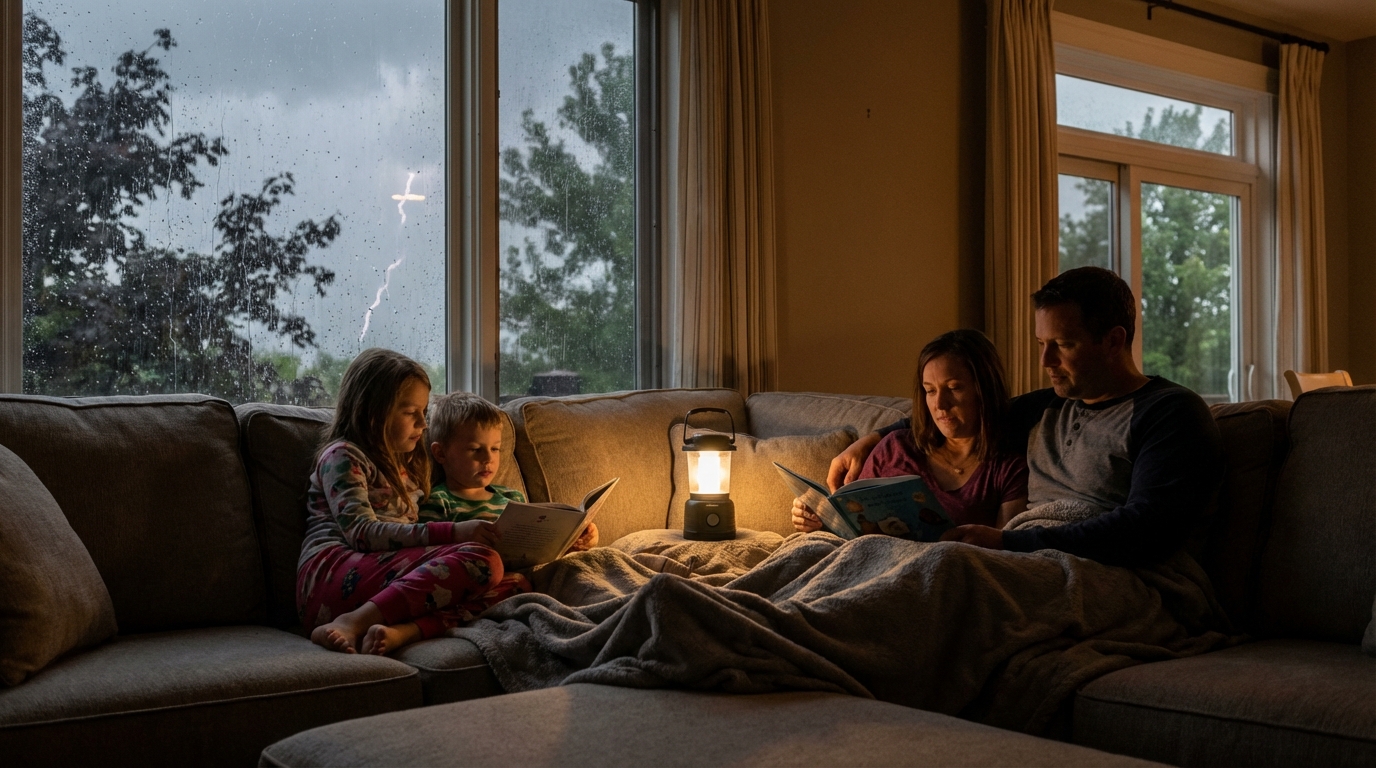View from inside a cozy home looking out at heavy rain and storm