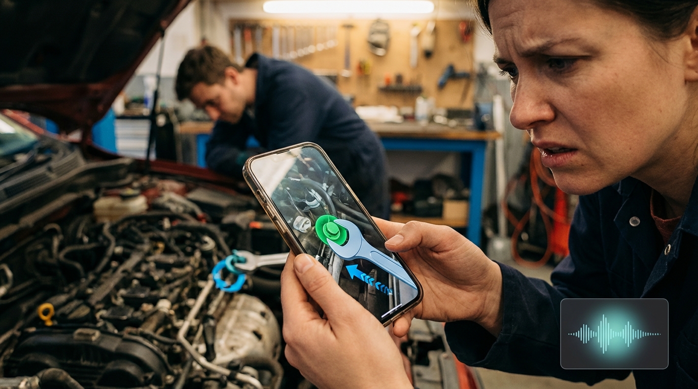 Mechanic using AI holographic overlay to repair a car engine