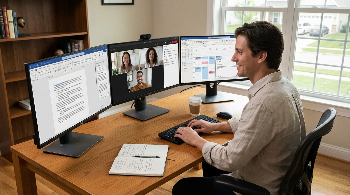 Creative professional in a home office smiling at productive AI output on laptop