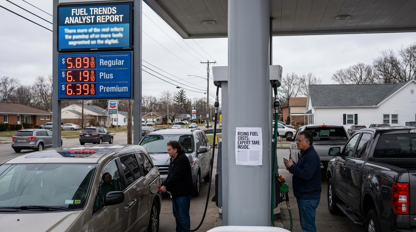 Close up of a gas pump display showing rising fuel costs during golden hour