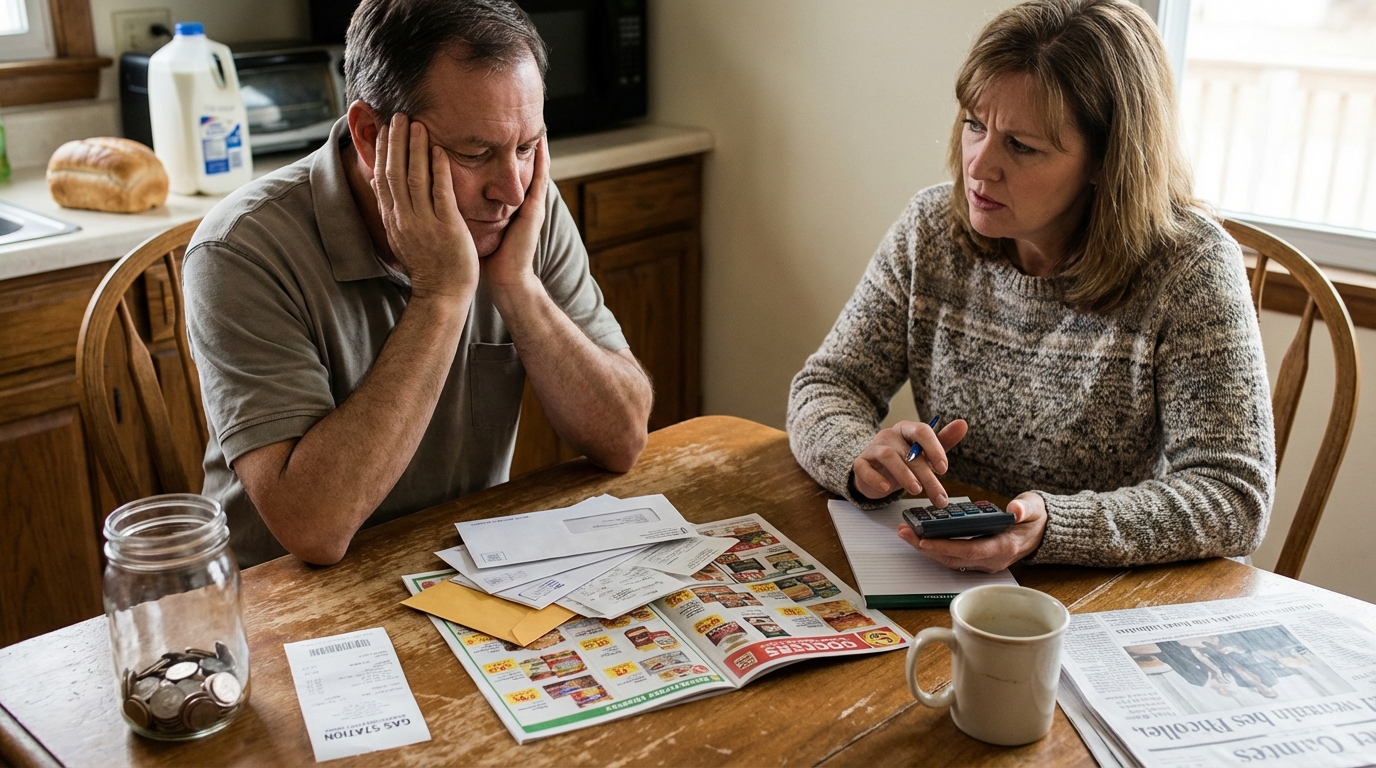 A concerned couple budgeting finances at a kitchen table due to rising costs