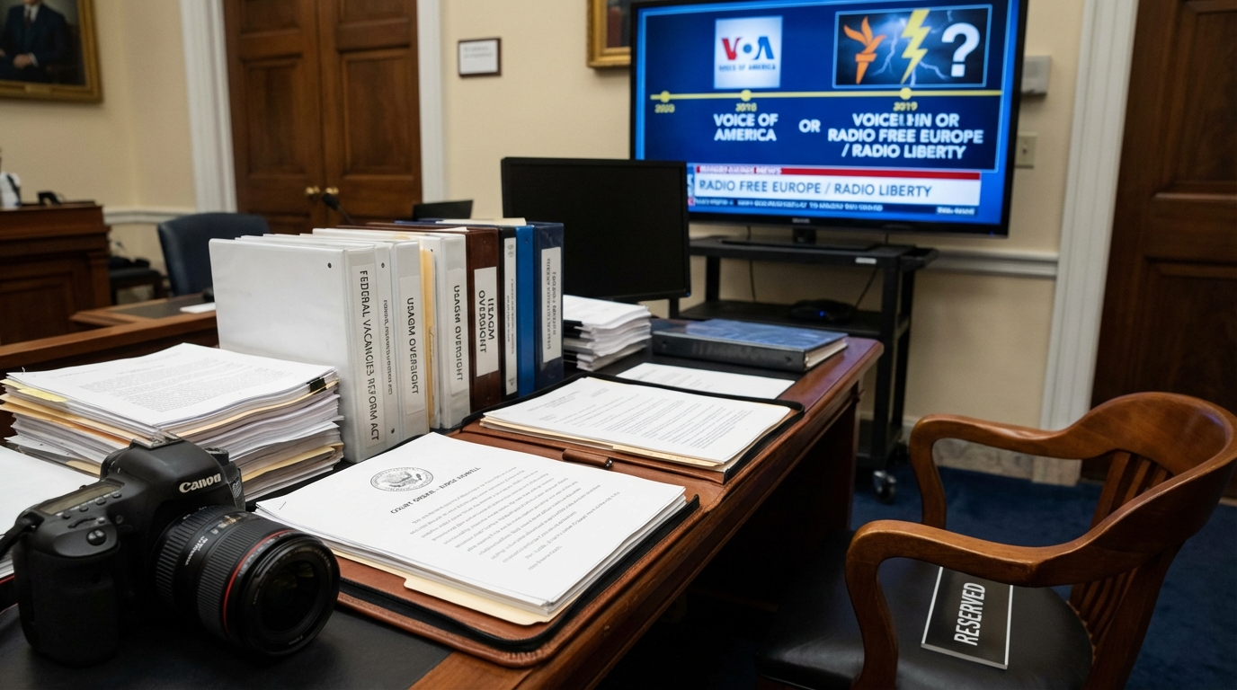 Silhouette of a female executive overlooking DC skyline representing Kari Lake's tenure.