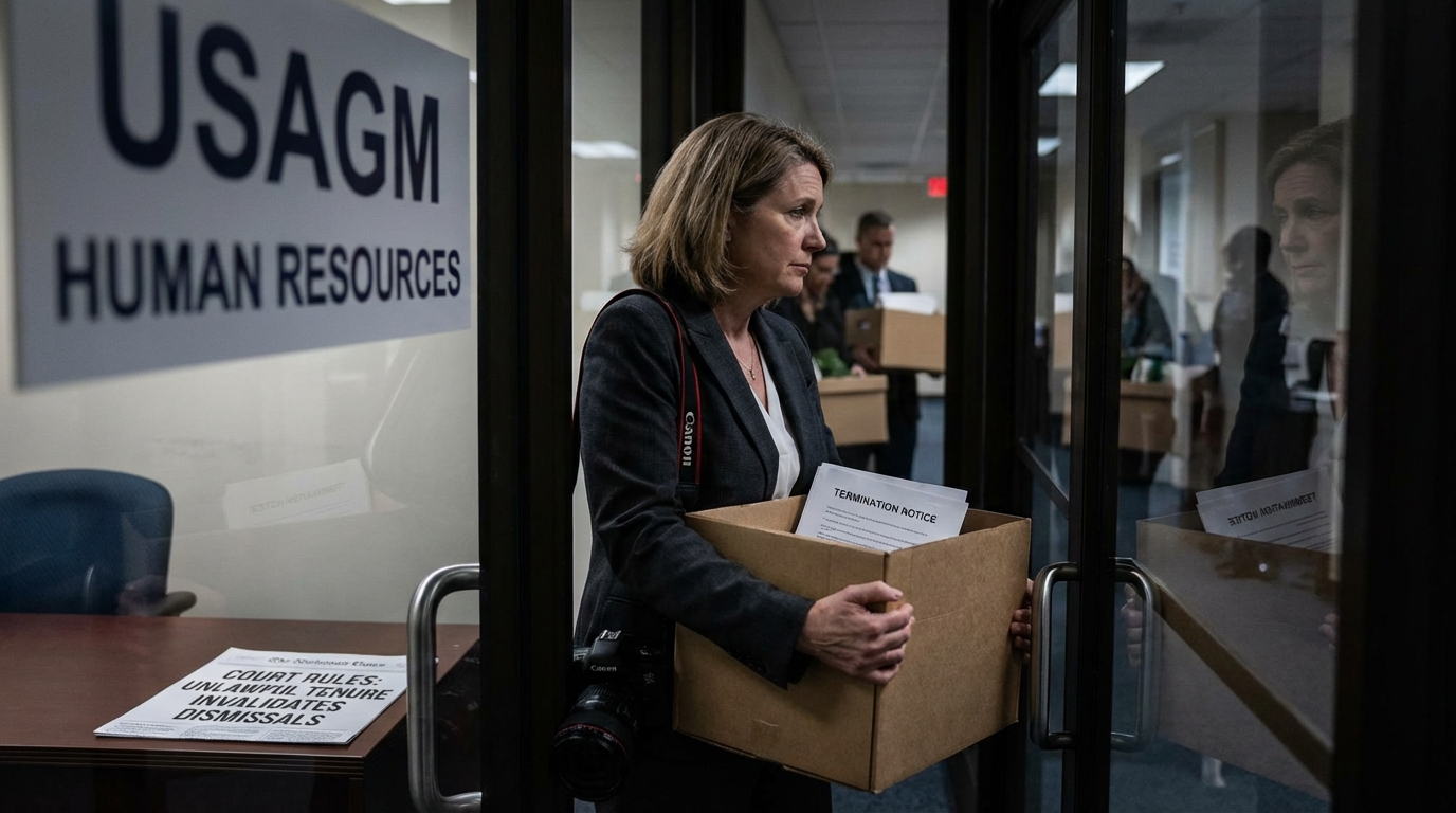 Office desk with a box of personal belongings and termination letter symbolizing the voided layoffs.