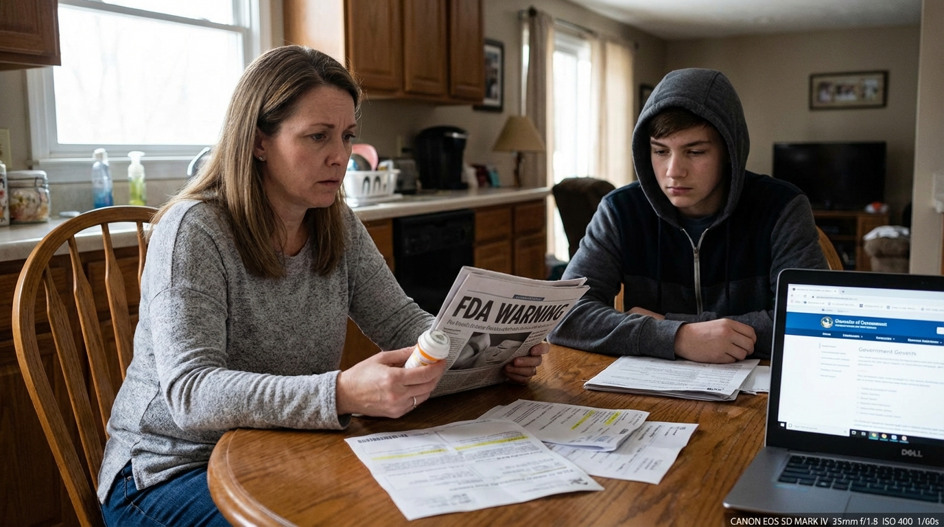 Worried parent reading prescription paperwork with child in background