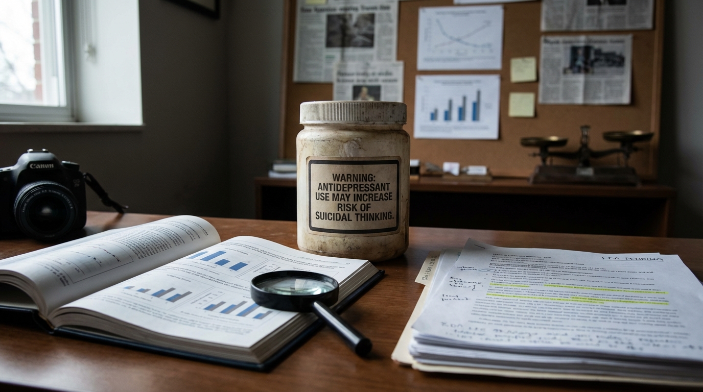 Medical research papers and magnifying glass focusing on warning label