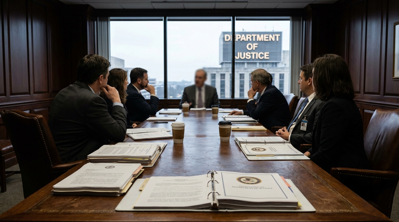 Department of Justice building entrance symbolizing federal authority