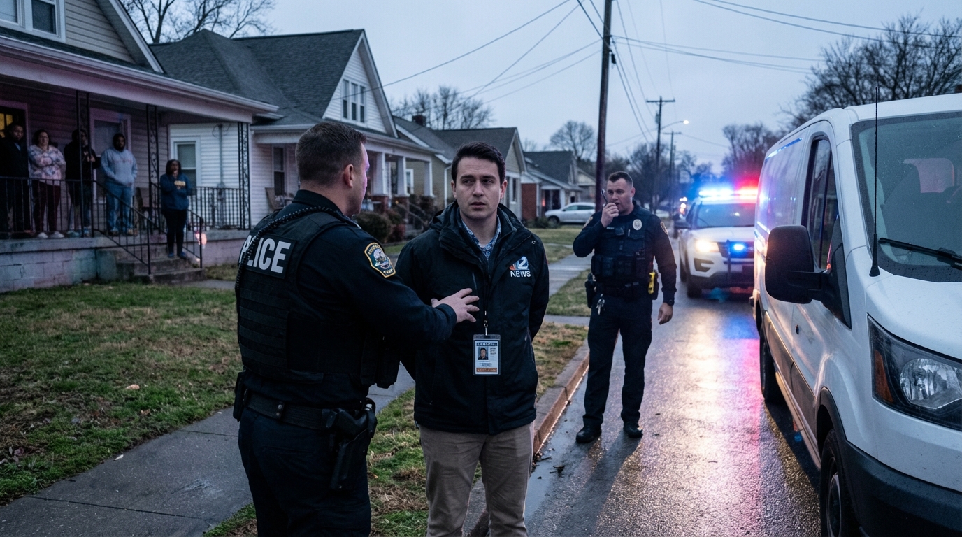 Cinematic shot of a press camera on the ground near police lights in Nashville