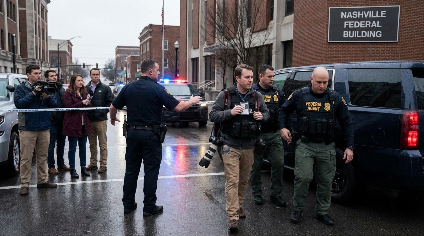 Close up of a press badge being held up against a backdrop of law enforcement