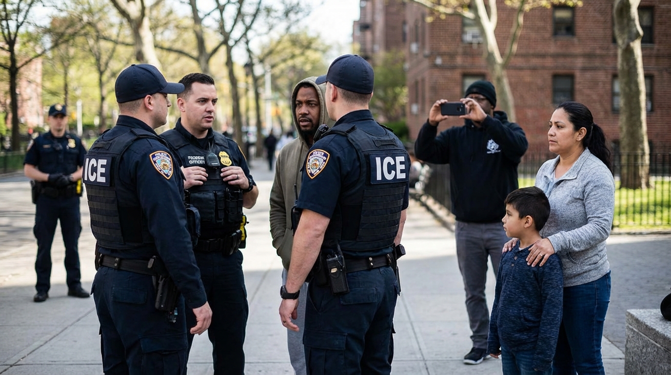 Family looking concerned while discussing news at a kitchen table