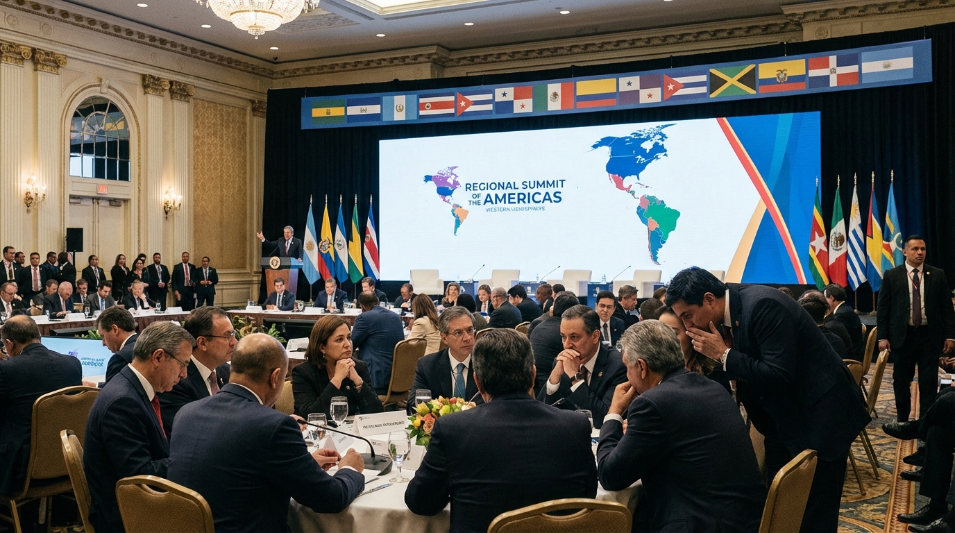 Donald Trump delivering a stern warning at a regional summit podium with flags in the background.