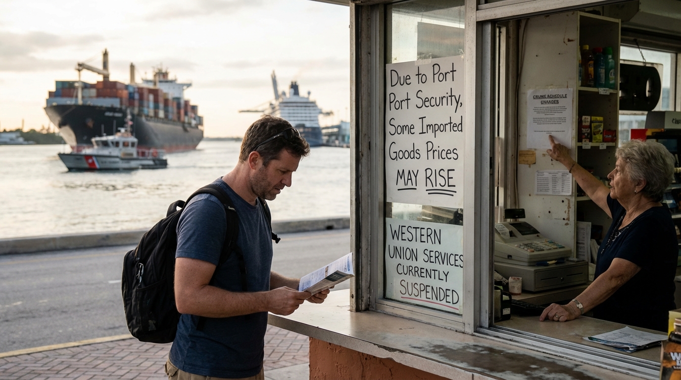Visual representation of blocked money transfers and stalled trade ships symbolizing economic restrictions.