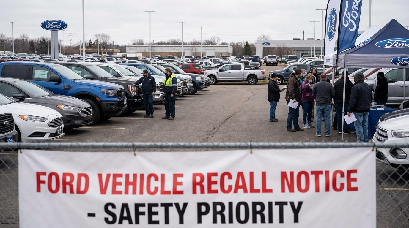 Ford vehicles parked on a road with a safety recall alert on a phone screen in the foreground