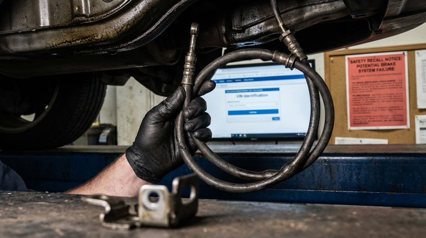 Mechanic inspecting a leaking brake line under a vehicle