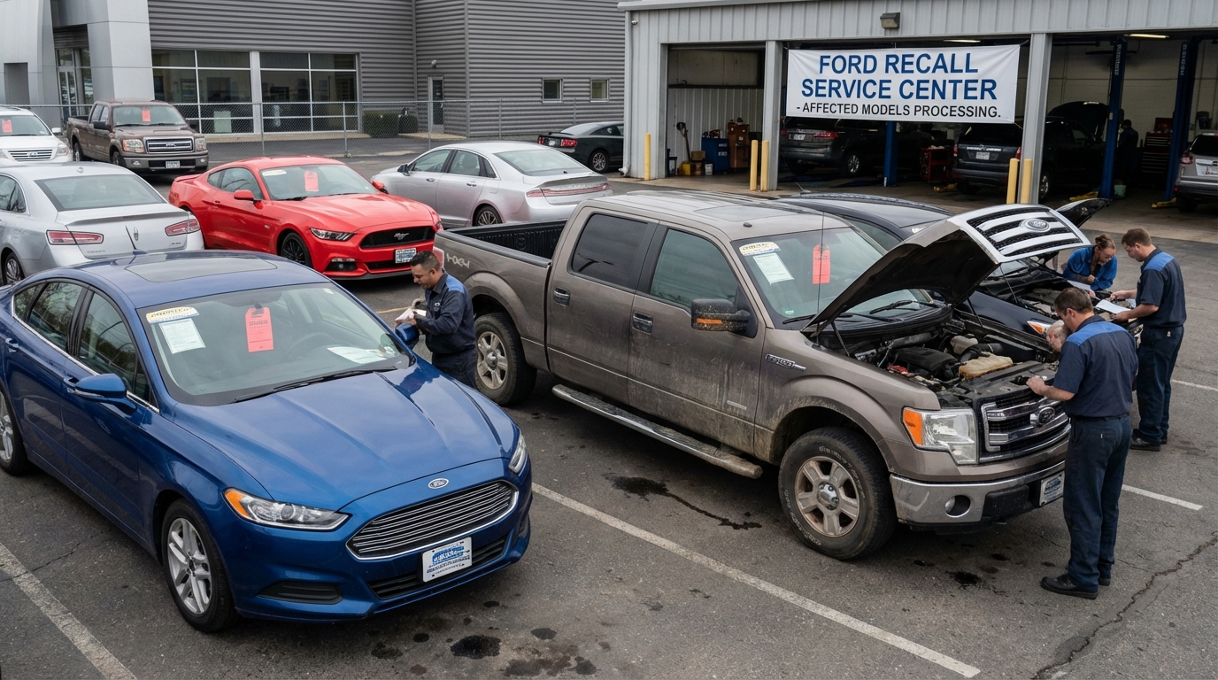 Lineup of Ford F-150, Fusion, and Mustang at a dealership