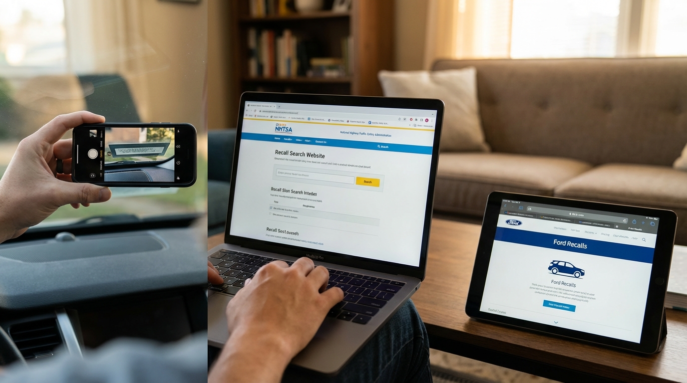Person checking vehicle VIN on NHTSA website via smartphone