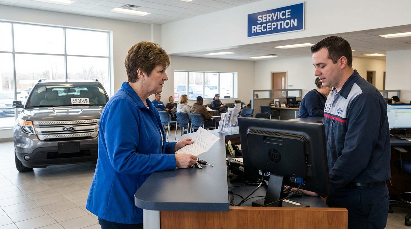 Service advisor handing keys to a customer at a ford dealership service center