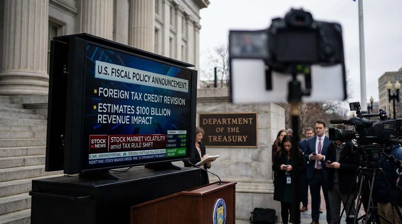 Visual representation of US tax policy reversal with money on a balance scale in front of the Treasury Department