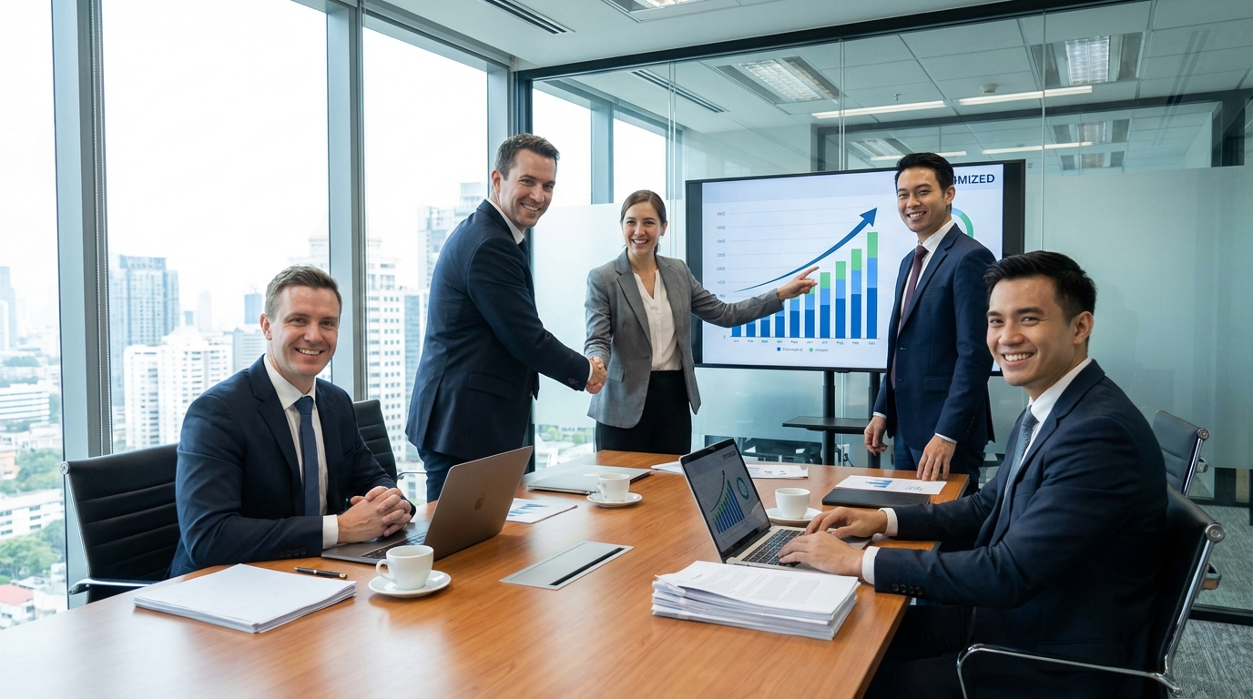 Corporate executives analyzing global trade map and tax reduction charts in a modern boardroom