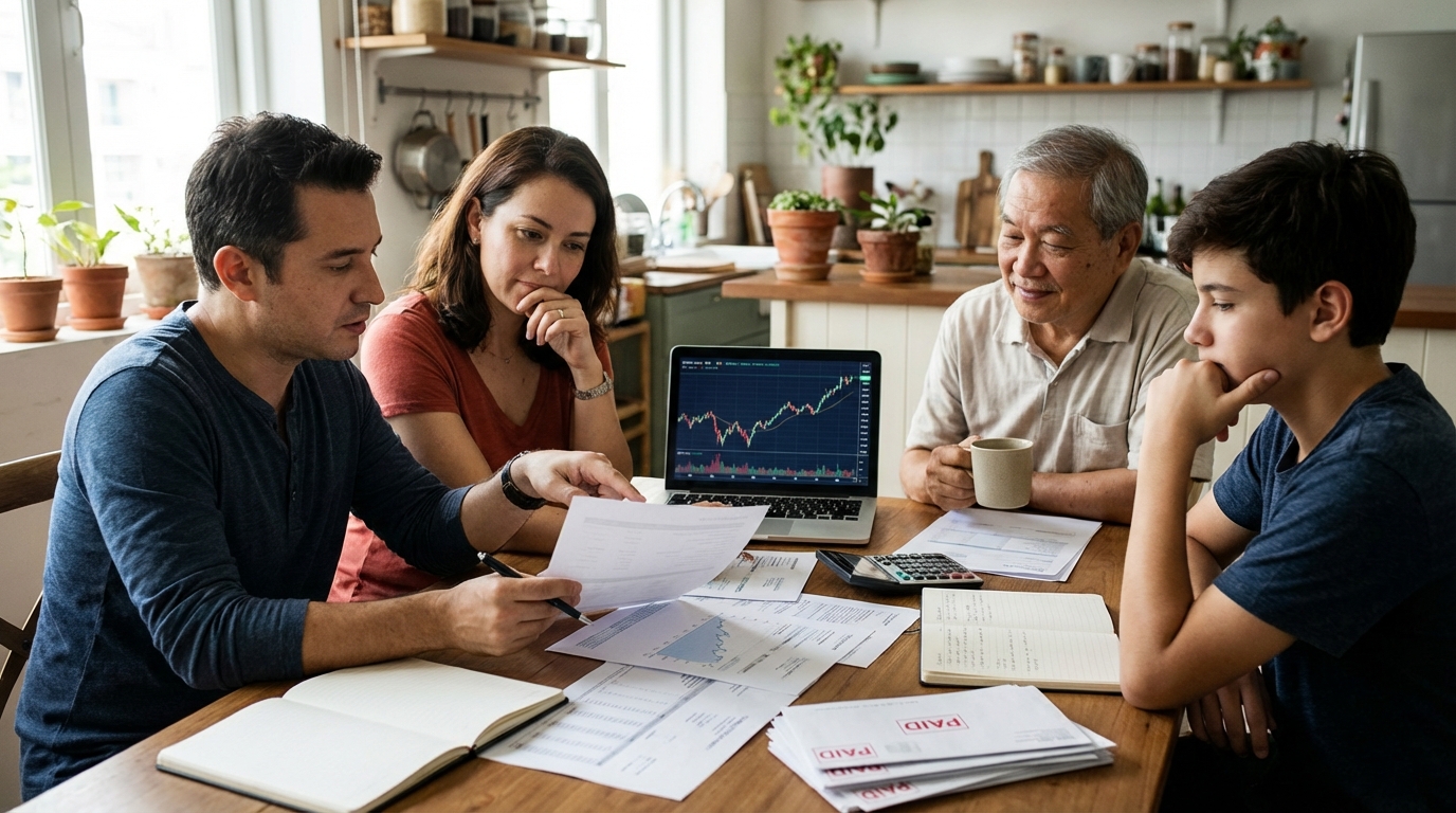 Family at kitchen table reviewing finances and stock market graphs on a laptop
