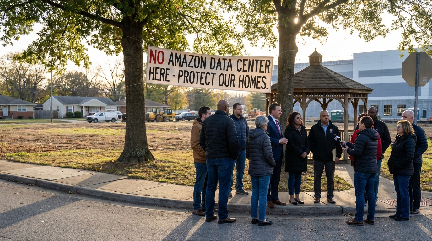A massive Amazon data center looming over a quiet suburban neighborhood representing the zoning conflict.